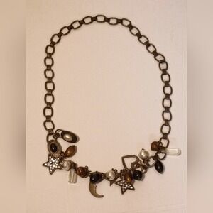 Express‎ Charm Necklace Moon Star Heart Beads Pearls Antique Brass Finish